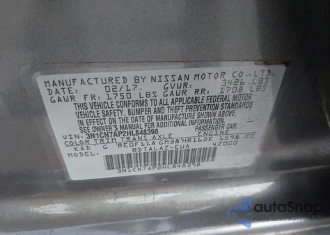 2017 Nissan Versa 1.6 S+ from USA, damaged, VIN 3N1CN7AP2HL848398